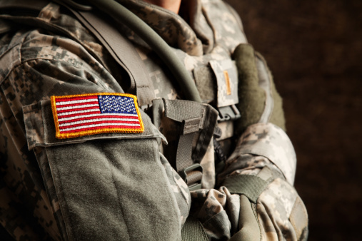 Military uniform with American flag on the sleeve